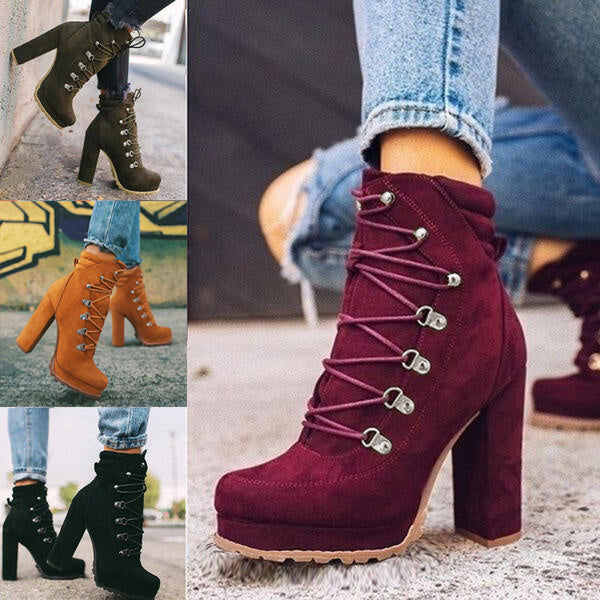 Chunky Platform Round Toe Lace UP Mid Calf High Heels Boots