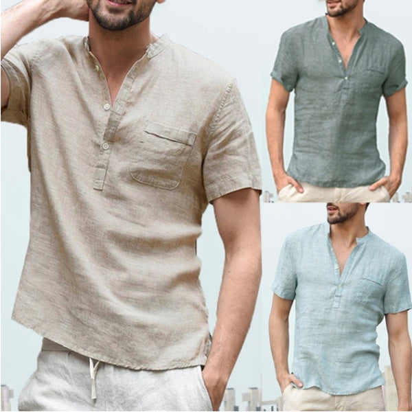Casual Linen Solid Color Shirt Button V Neck Shirt