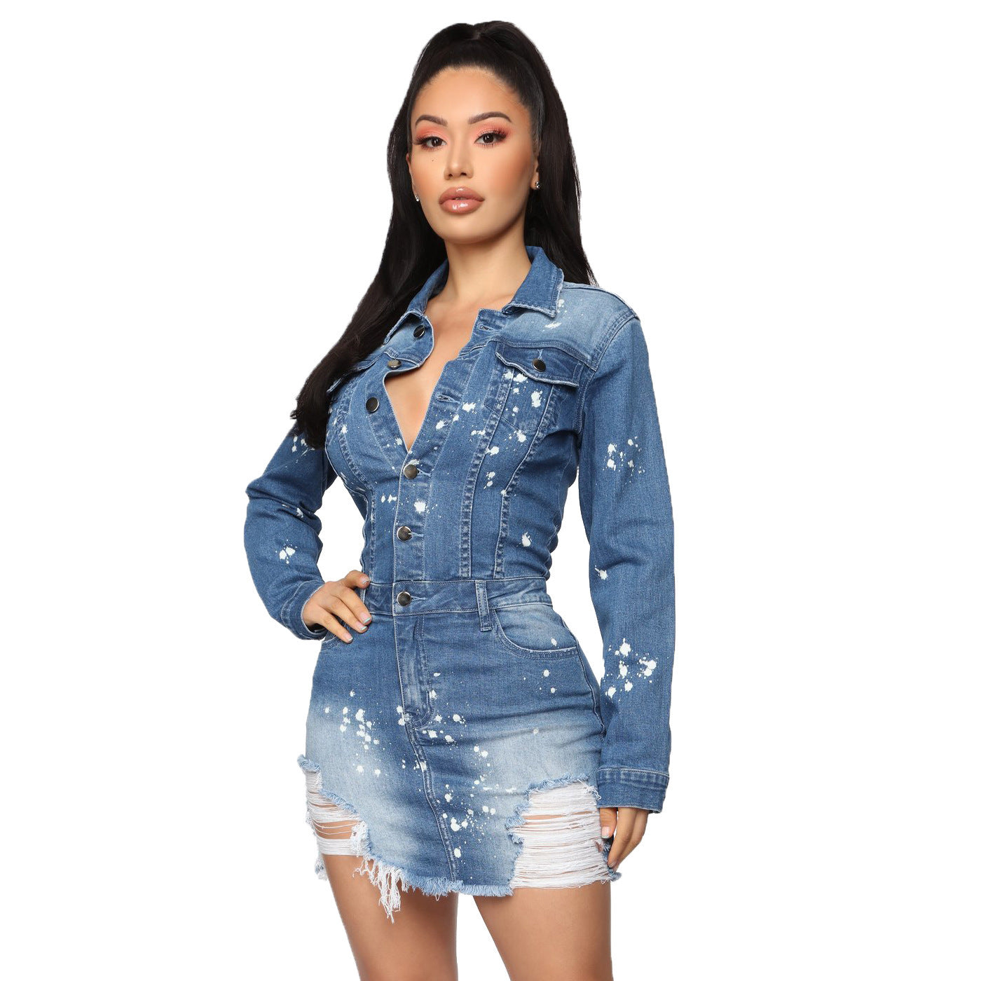 Slim Stretch-breasted Denim Bag Hip Dress