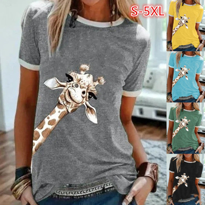 Giraffe Print Solid Color Short Sleeve Crew Neck T-shirt