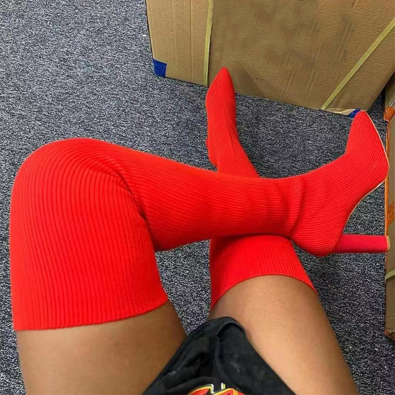 Over Knee Long Pointed Toe High Heel Stretch Knitting Women Winter Boots