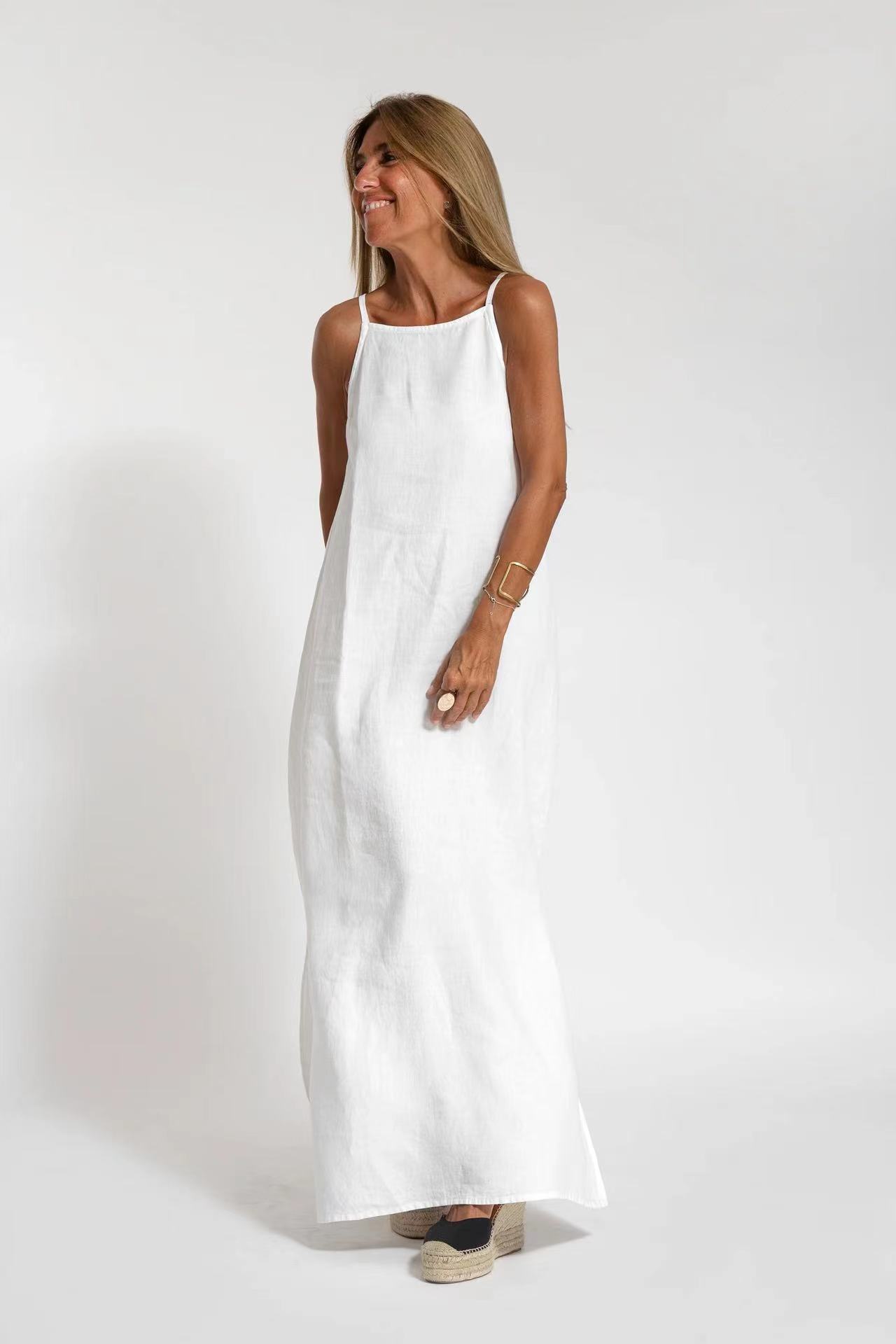 Fashion Cotton Linen Slit Sleeveless Loose Dress