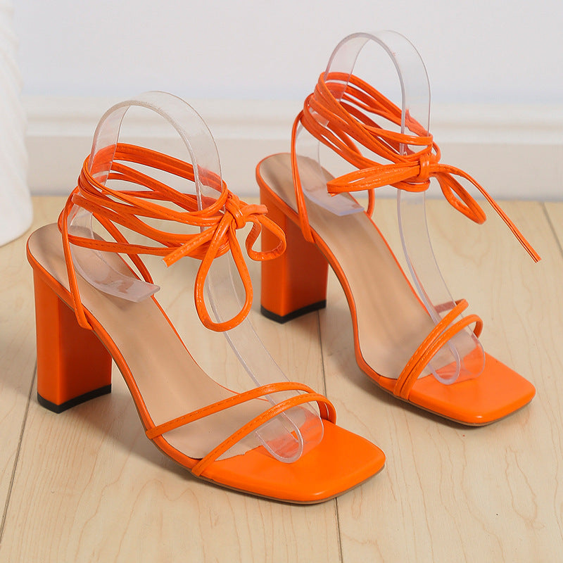 Lace Up Strappy Sandals Summer Chunky Heel Square Toe Shoes