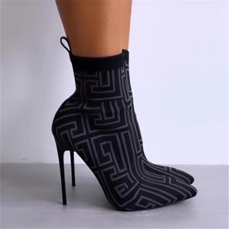 Fashion Ankle Women Thigh High Heel Pointed Toe Print Boots