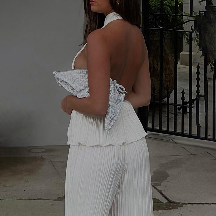 Pleated High Waist Wide Leg Pants Suit