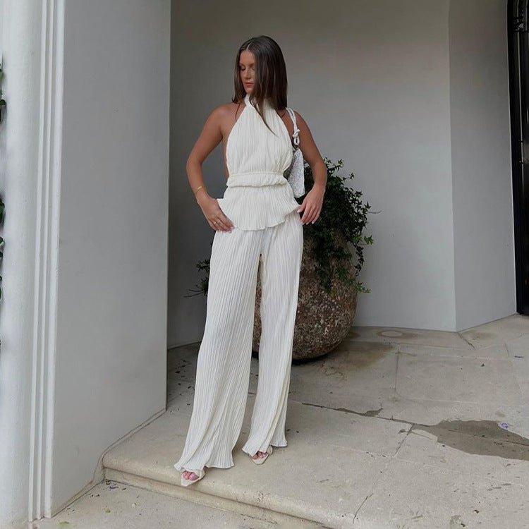 Pleated High Waist Wide Leg Pants Suit