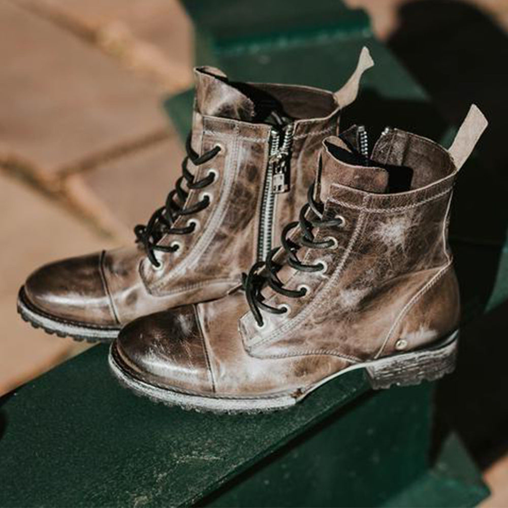 Round toe retro lace-up casual short boots