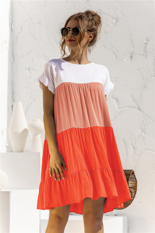 Women's Color Block Loose Short Sleeve Shirt Dress