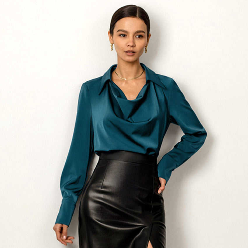 Women's Fashion Long Sleeve Irregular Collar Draped Blouse