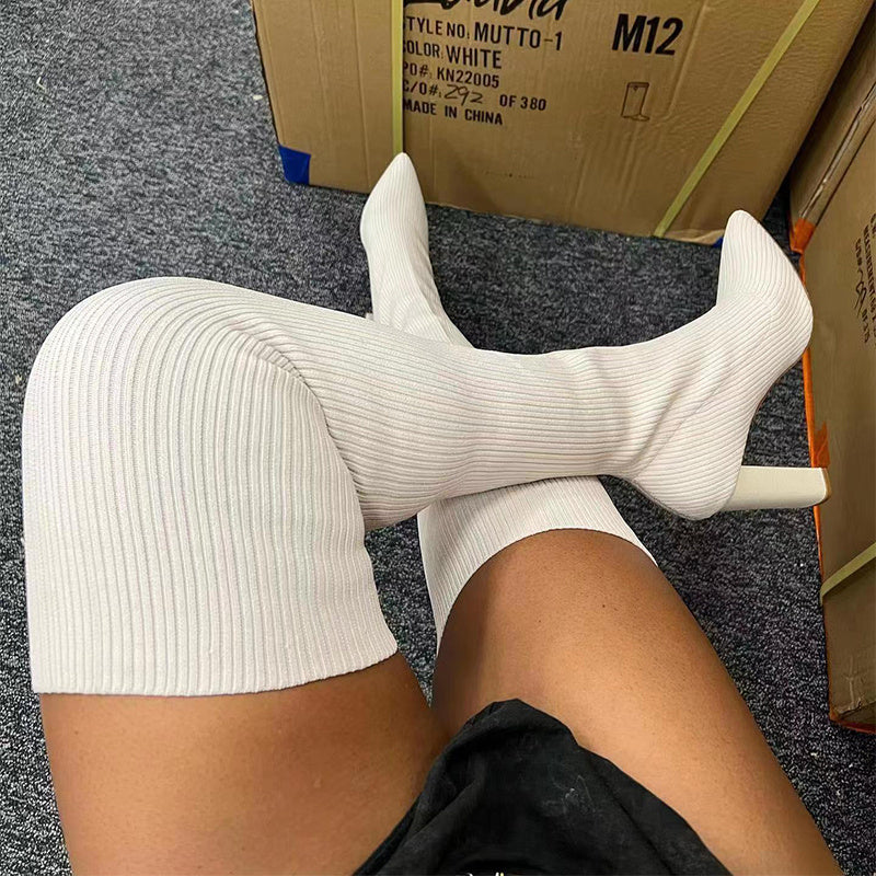 Over Knee Long Pointed Toe High Heel Stretch Knitting Women Winter Boots