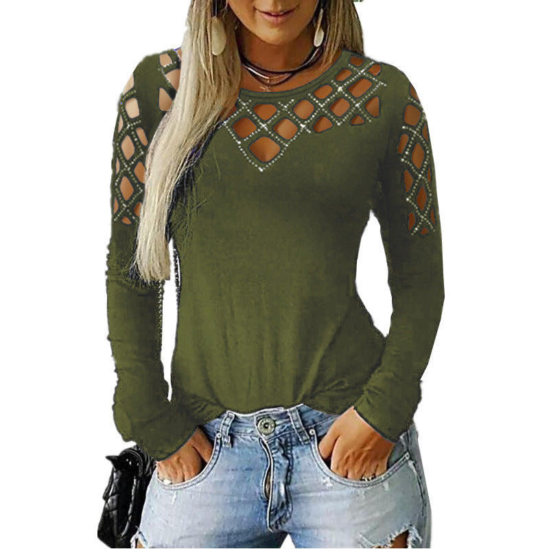 Hollow-out Rhinestone Long Sleeve Cold Shoulder Top