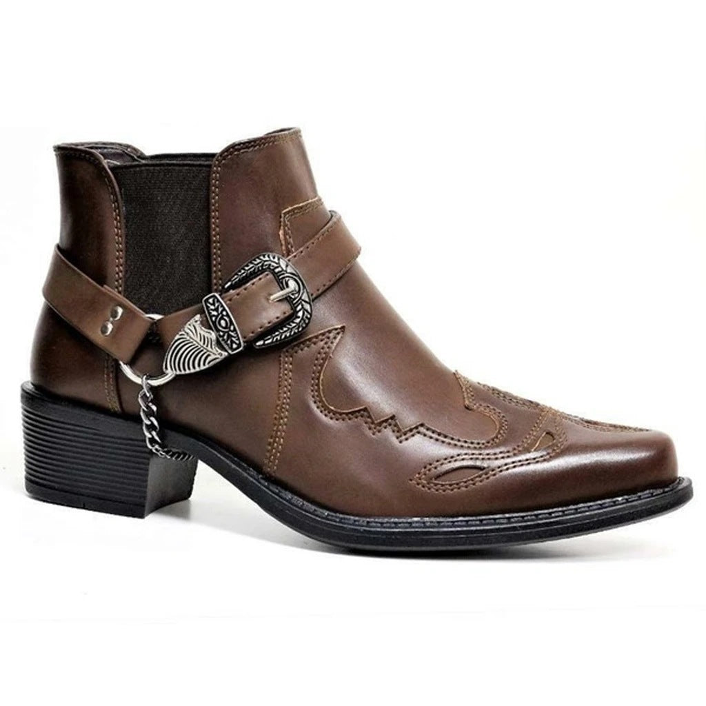 Fashion Belt Buckle Thick Heel Pointed Men's Boots