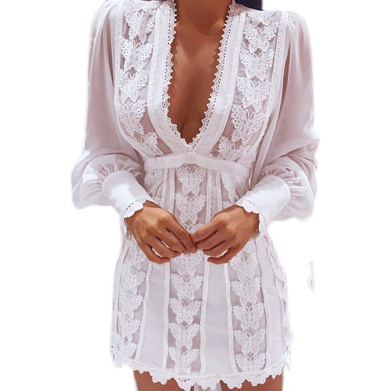 Elegant V Neck Lace Long Puff Sleeve Butterfly Dress