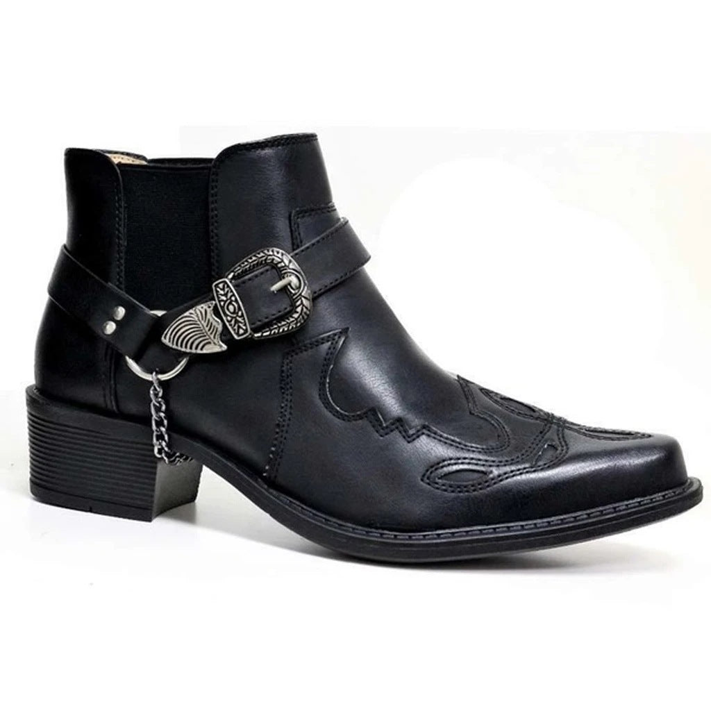 Fashion Belt Buckle Thick Heel Pointed Men's Boots