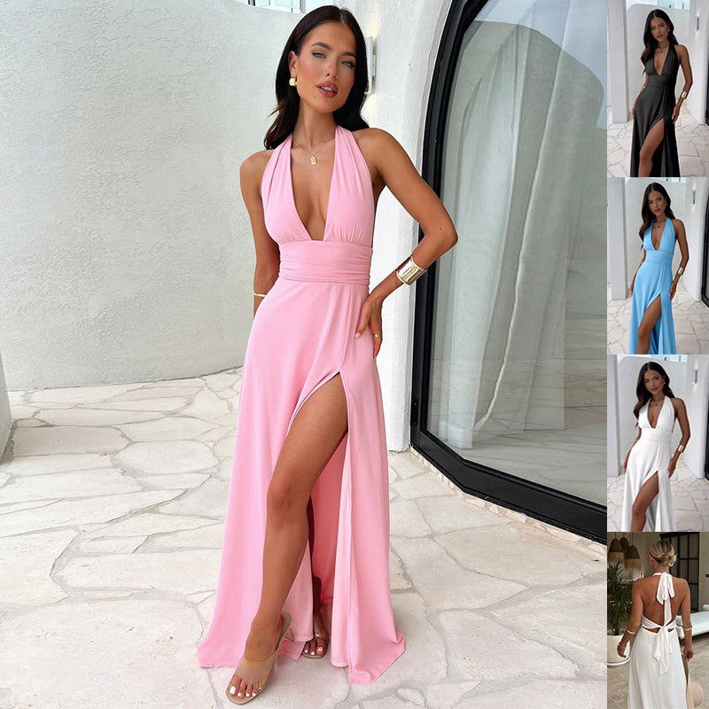 Halterneck V-neck Slit Summer Backless Strappy Skirt Fashion Temperament Dress
