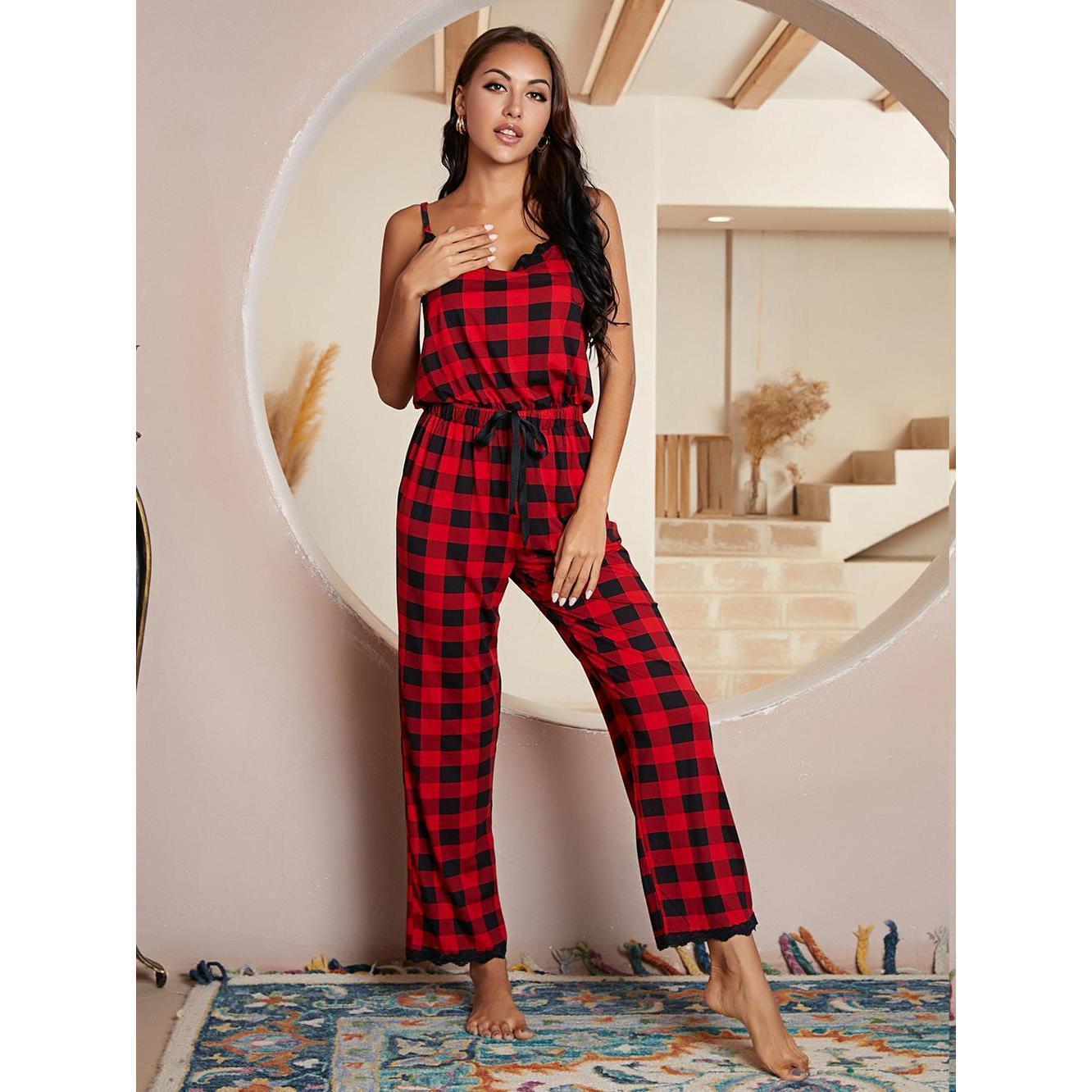 Plaid Lace Trim Spaghetti Strap Jumpsuit
