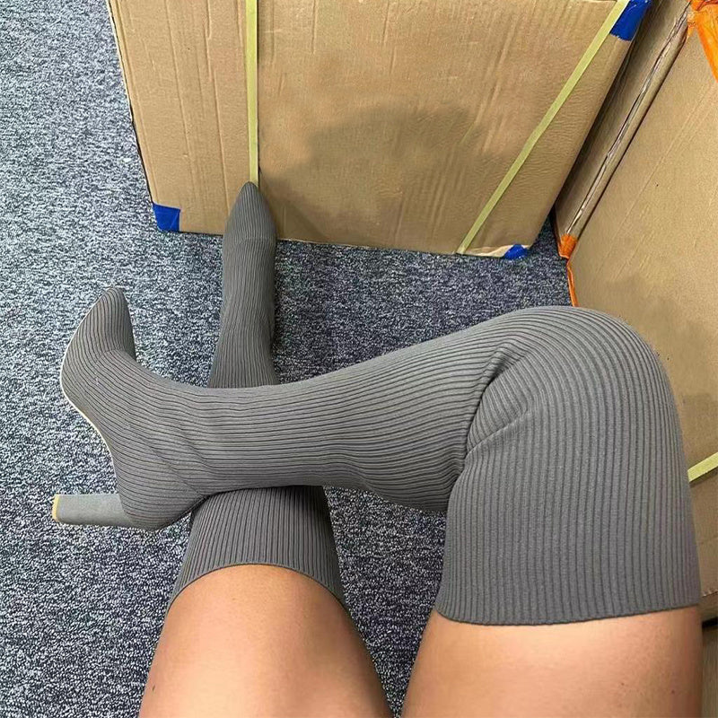 Over Knee Long Pointed Toe High Heel Stretch Knitting Women Winter Boots