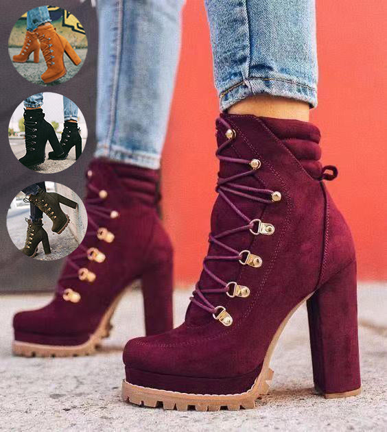 Chunky Platform Round Toe Lace UP Mid Calf High Heels Boots