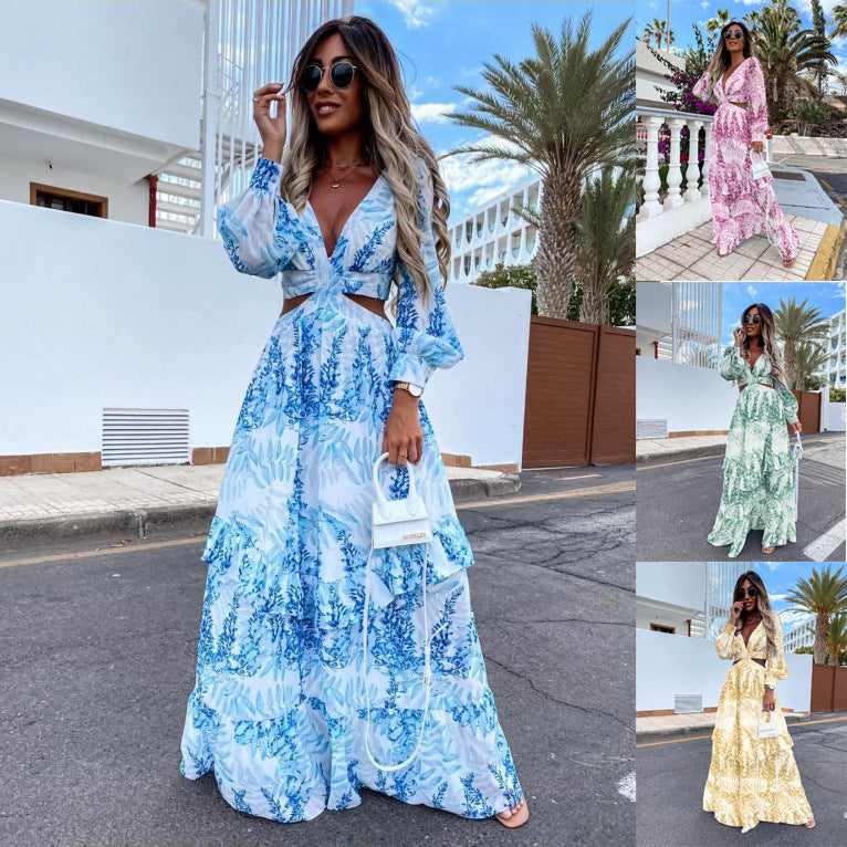 Hollow Floor V-neck Long-sleeve Plant Dress