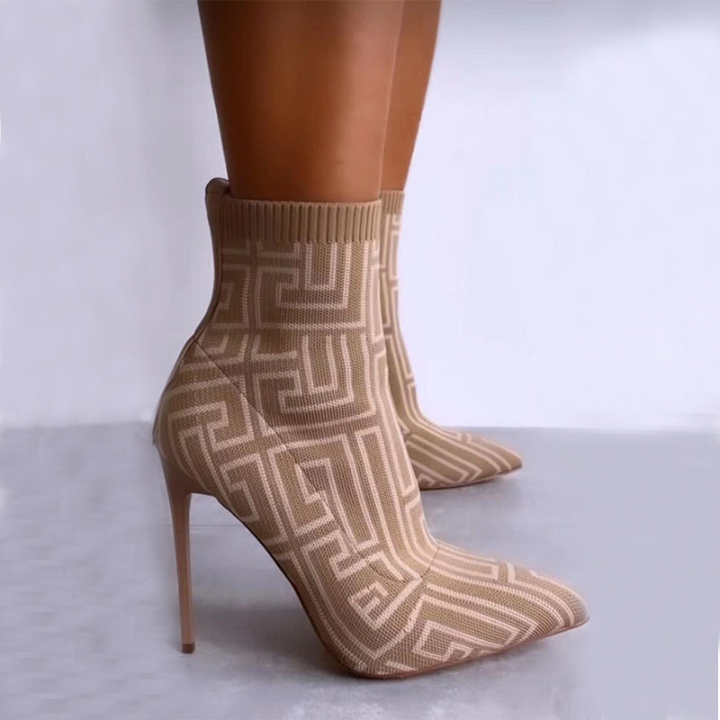 Fashion Ankle Women Thigh High Heel Pointed Toe Print Boots