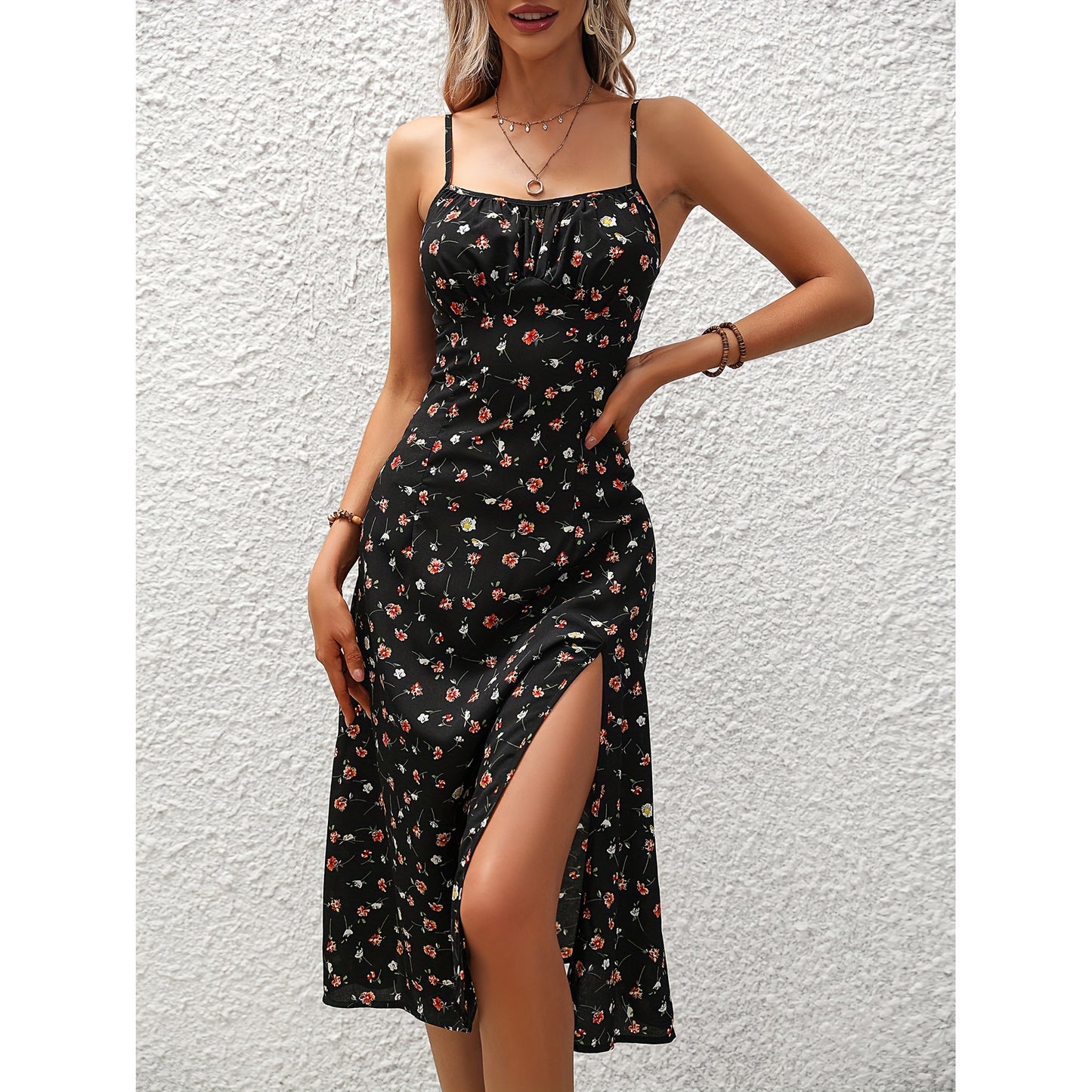 New Polka Dot Print Suspender Summer Slit Long Dress