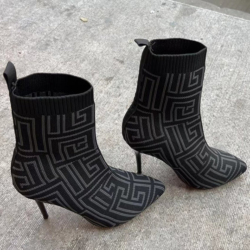 Fashion Ankle Women Thigh High Heel Pointed Toe Print Boots