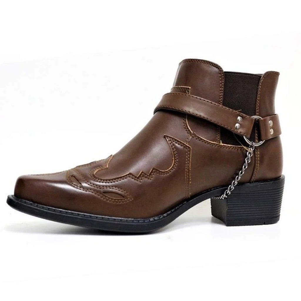 Fashion Belt Buckle Thick Heel Pointed Men's Boots