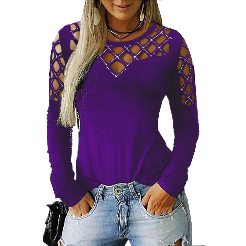 Hollow-out Rhinestone Long Sleeve Cold Shoulder Top