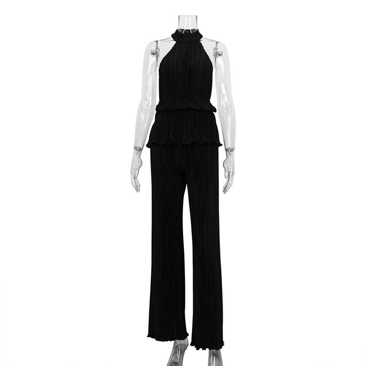Pleated High Waist Wide Leg Pants Suit