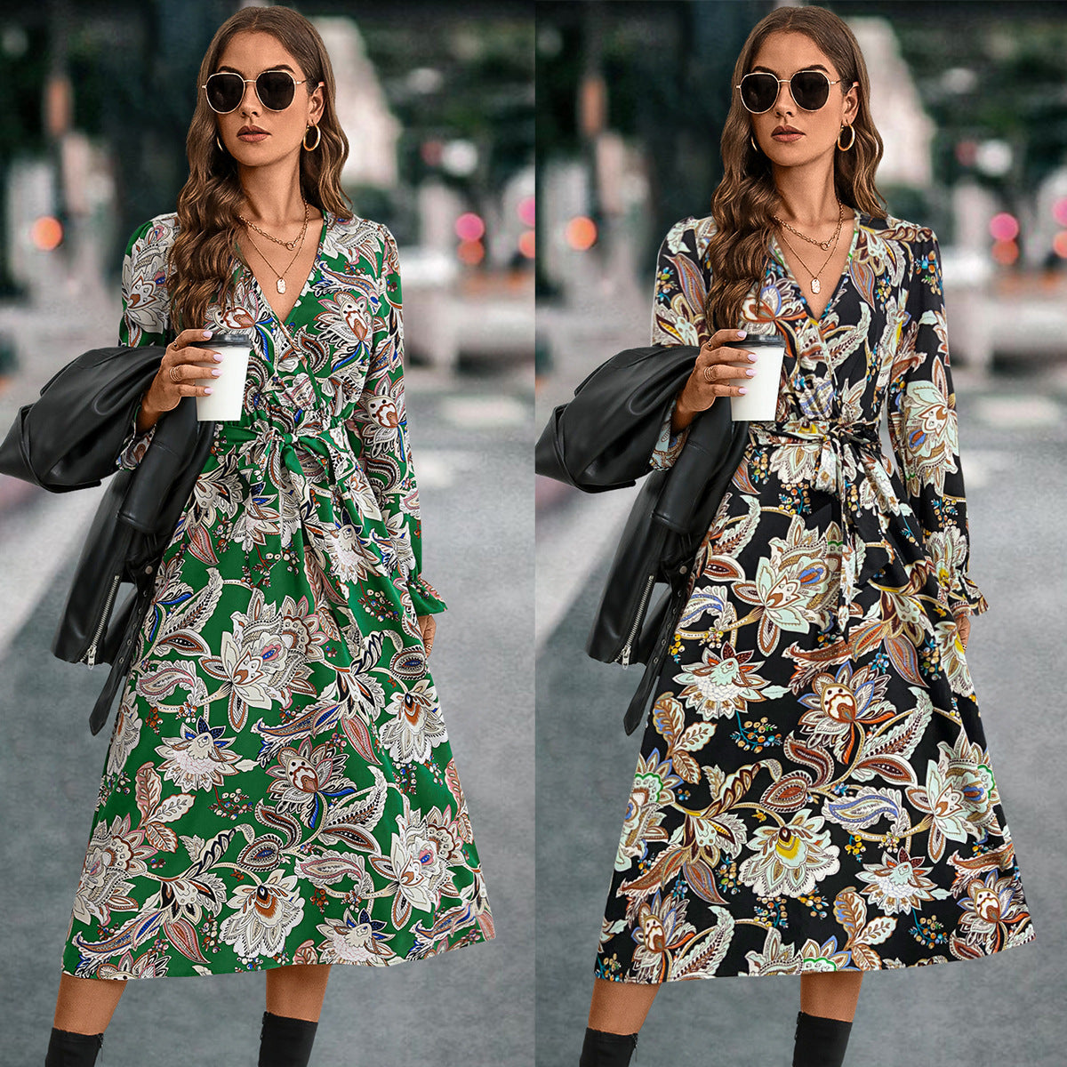 Cross V-neck Long-sleeve Dress