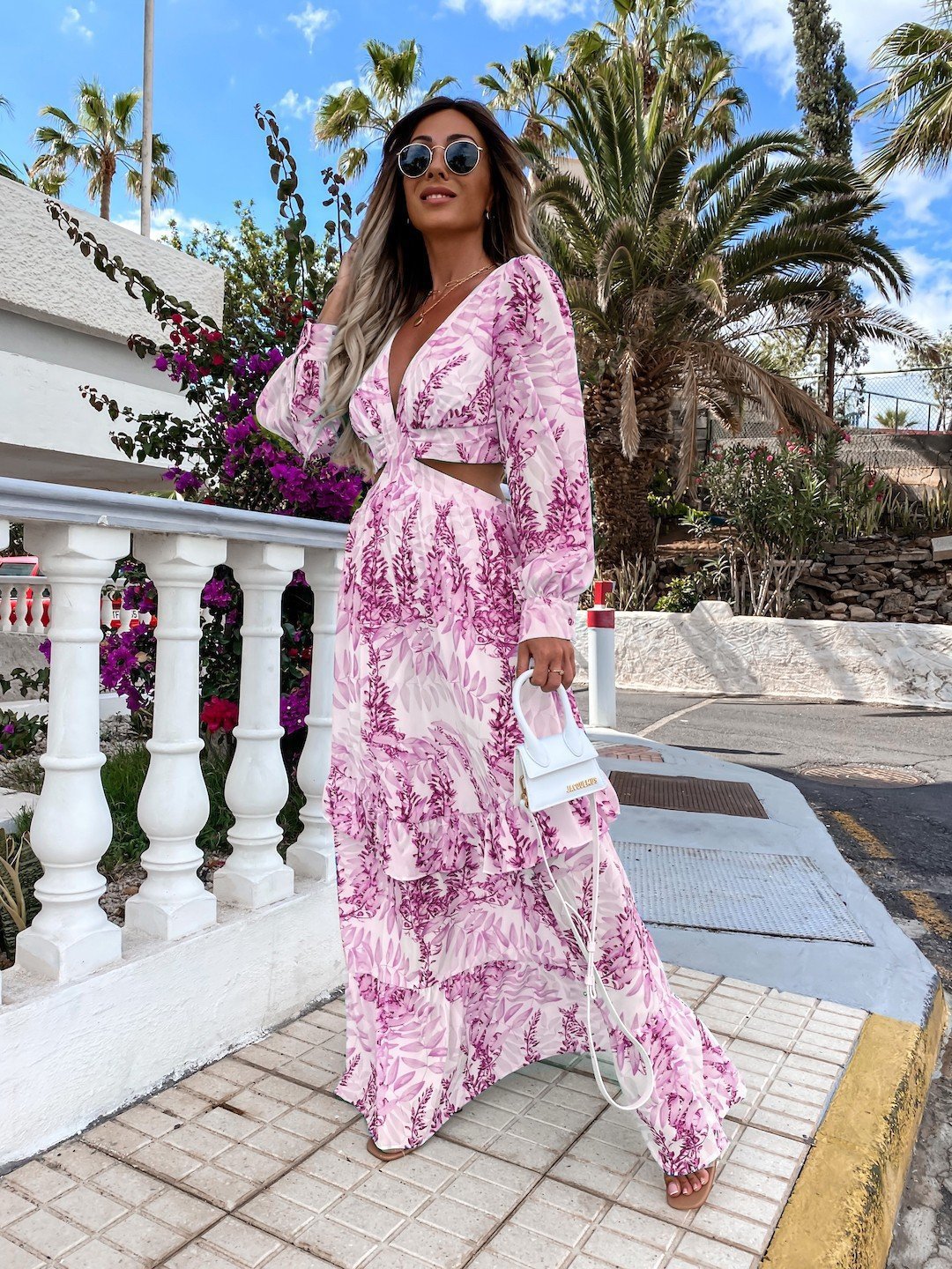 Hollow Floor V-neck Long-sleeve Plant Dress
