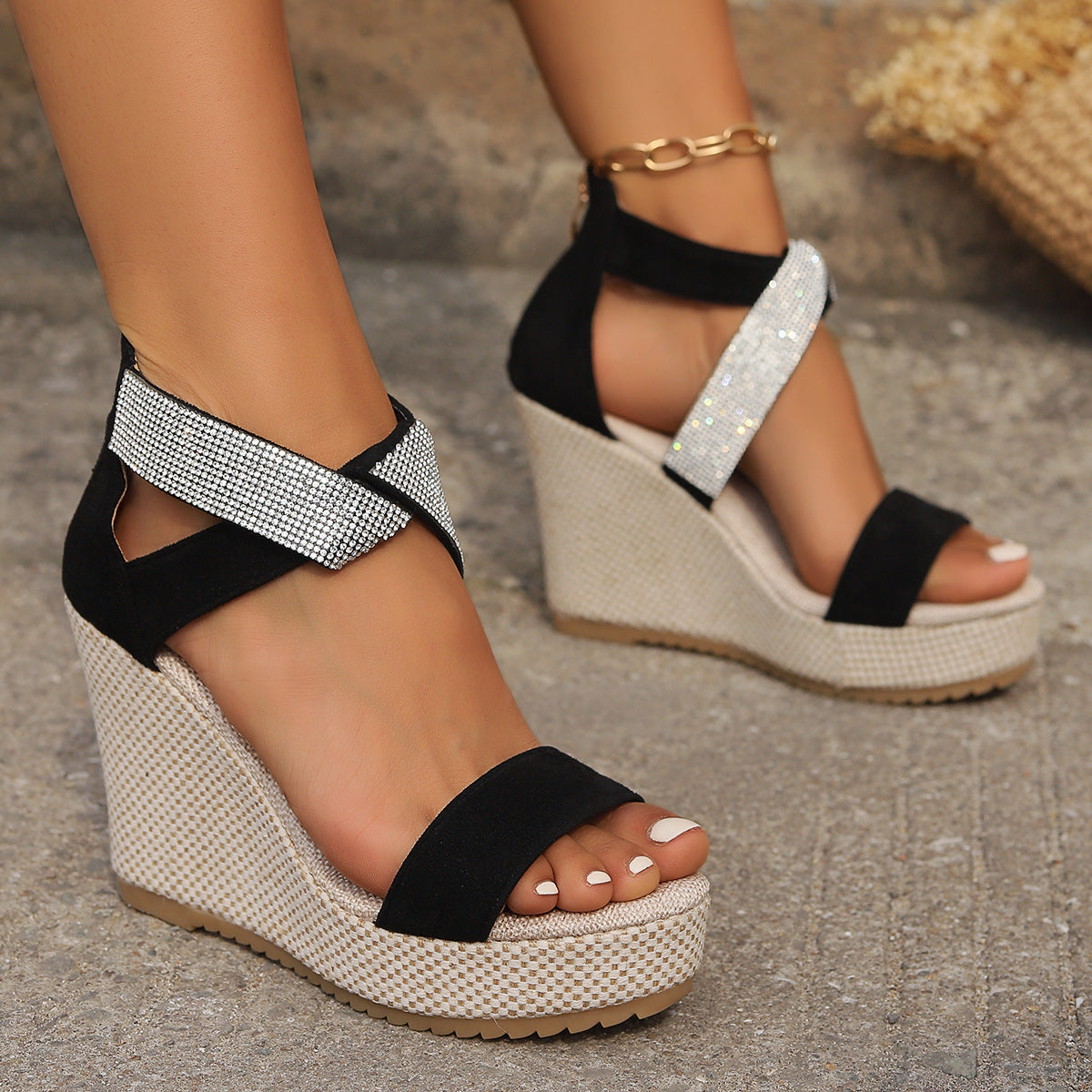 High Wedges Sandals With Rhinestone Design