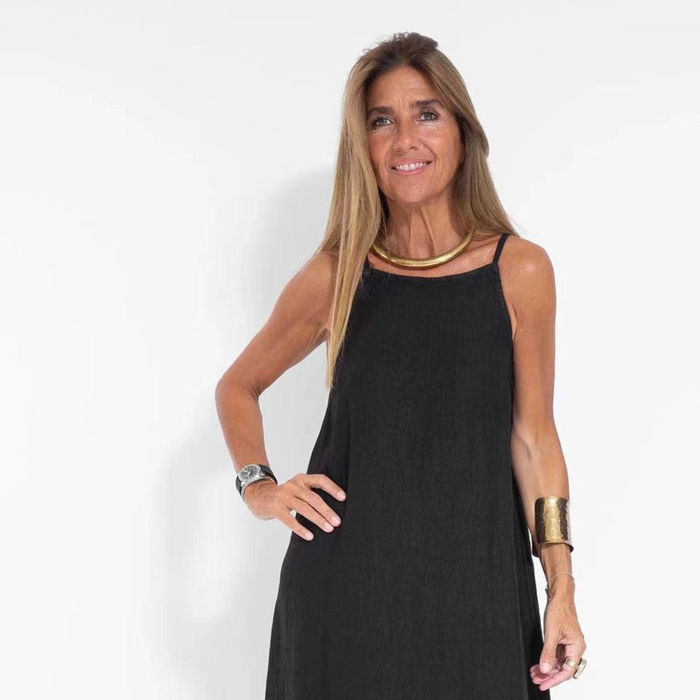 Fashion Cotton Linen Slit Sleeveless Loose Dress
