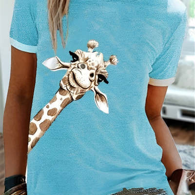 Giraffe Print Solid Color Short Sleeve Crew Neck T-shirt