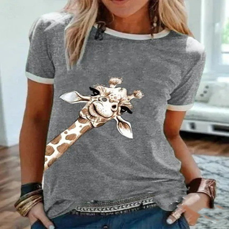 Giraffe Print Solid Color Short Sleeve Crew Neck T-shirt
