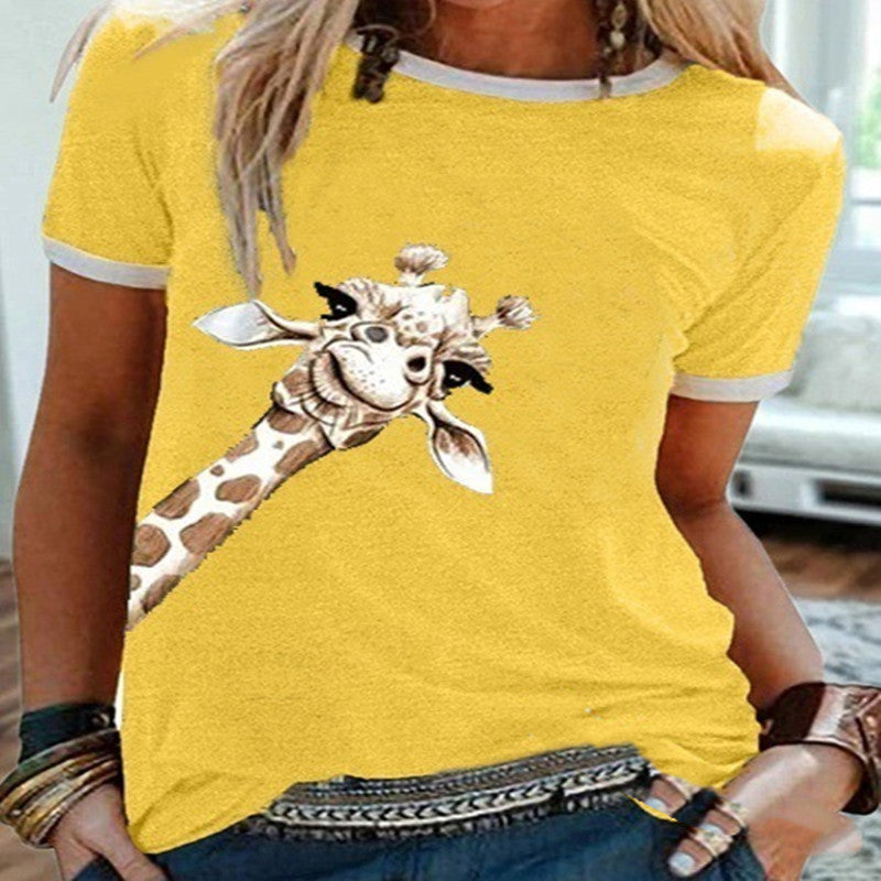 Giraffe Print Solid Color Short Sleeve Crew Neck T-shirt