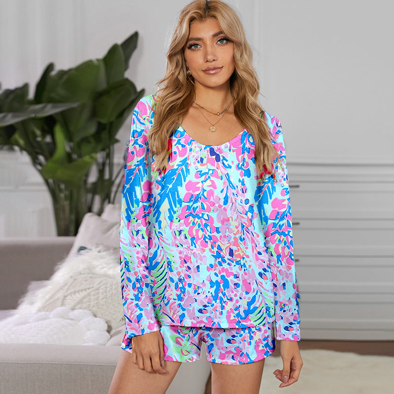 Long Sleeve Shorts Casual Print Top Women's Suit