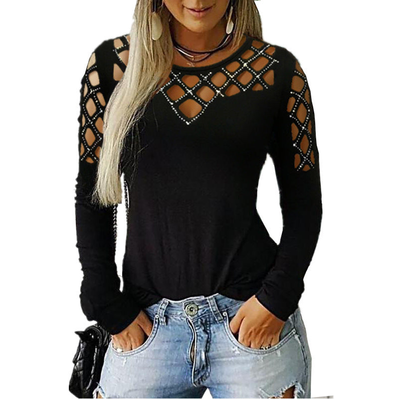 Hollow-out Rhinestone Long Sleeve Cold Shoulder Top