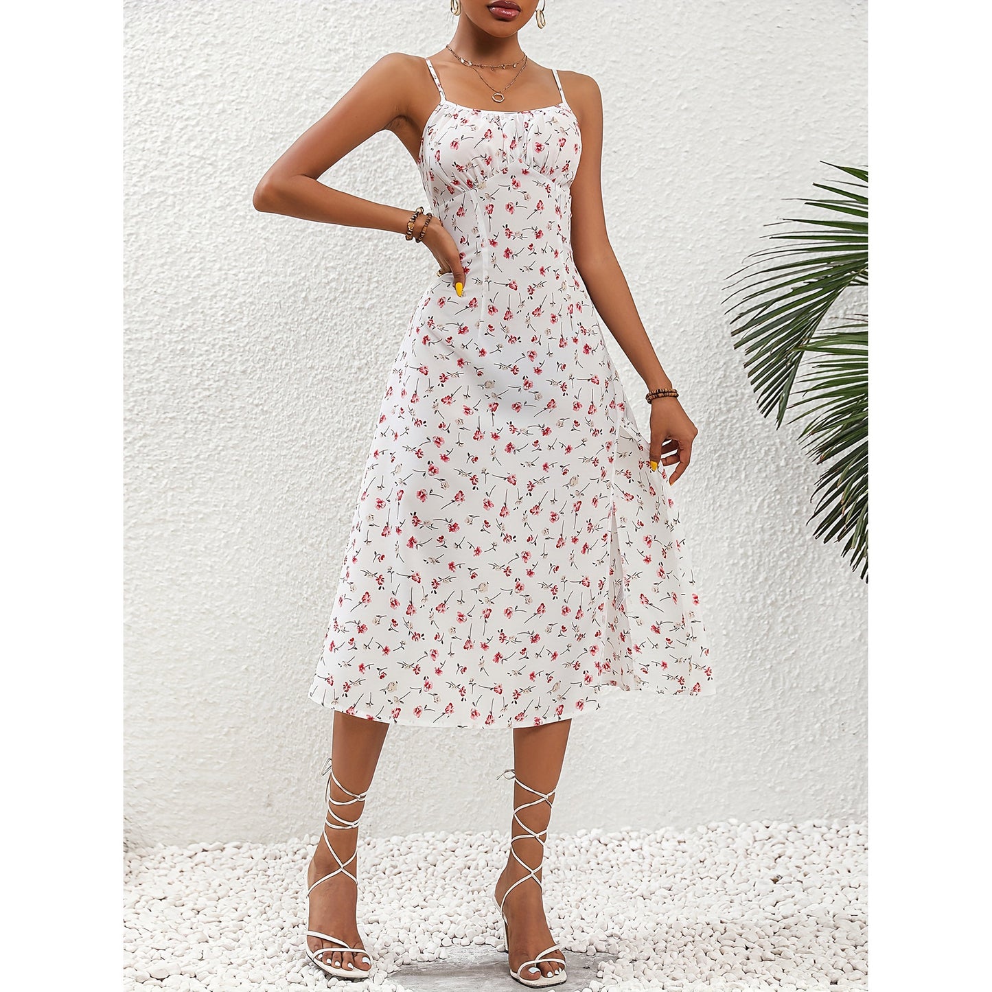 New Polka Dot Print Suspender Summer Slit Long Dress