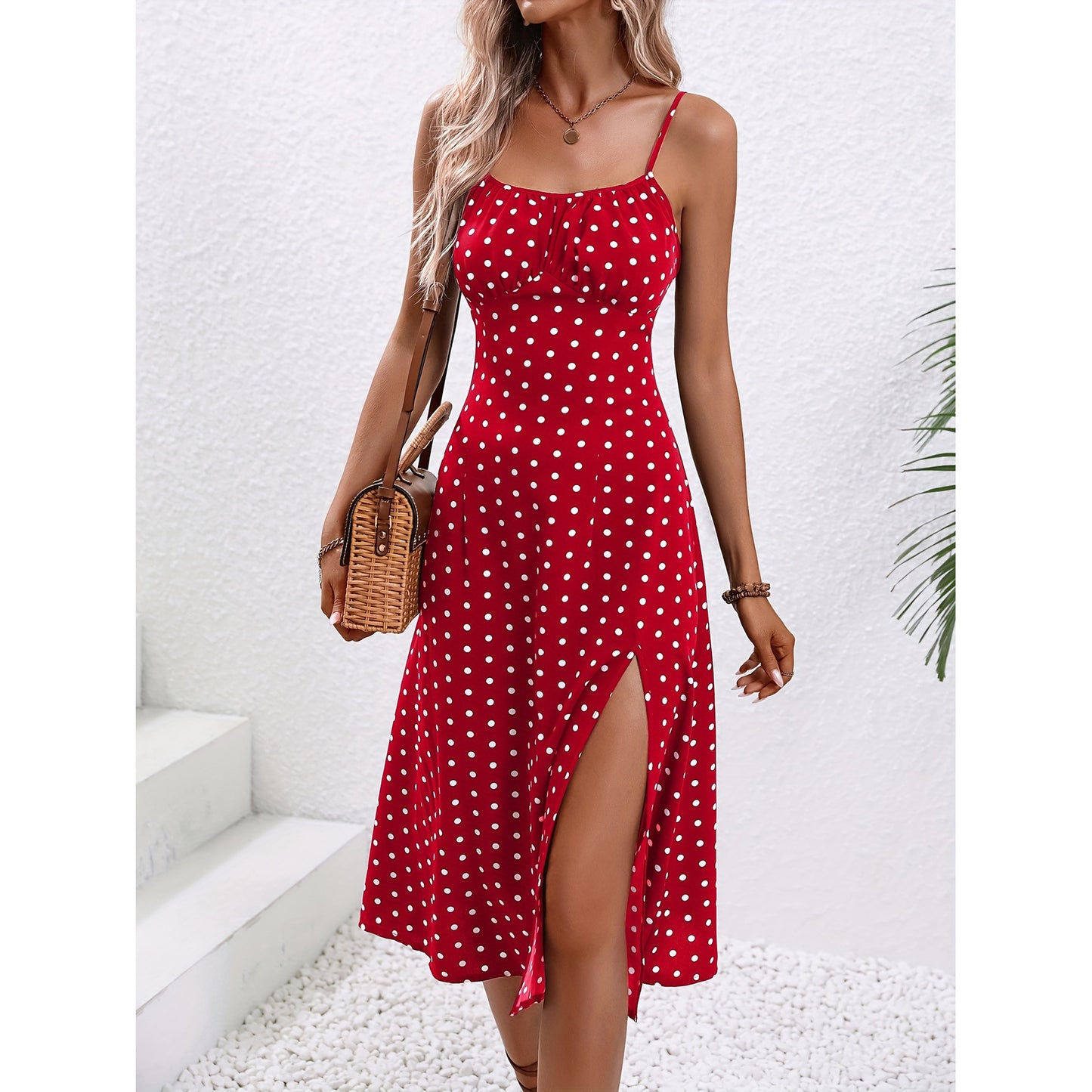 New Polka Dot Print Suspender Summer Slit Long Dress