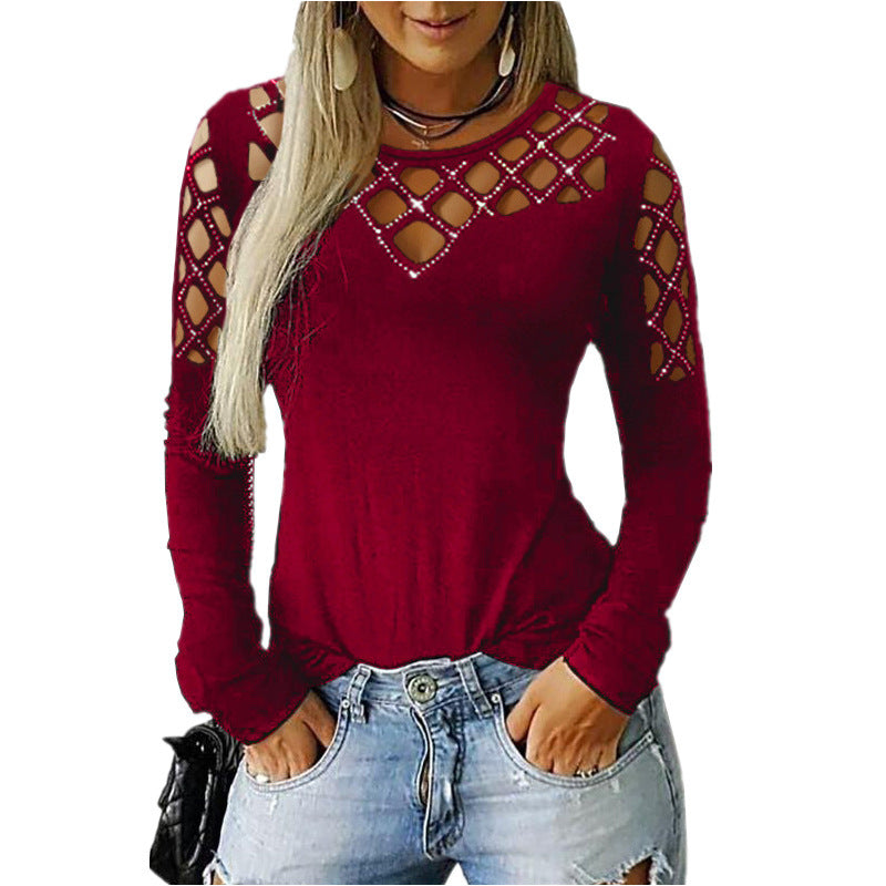Hollow-out Rhinestone Long Sleeve Cold Shoulder Top