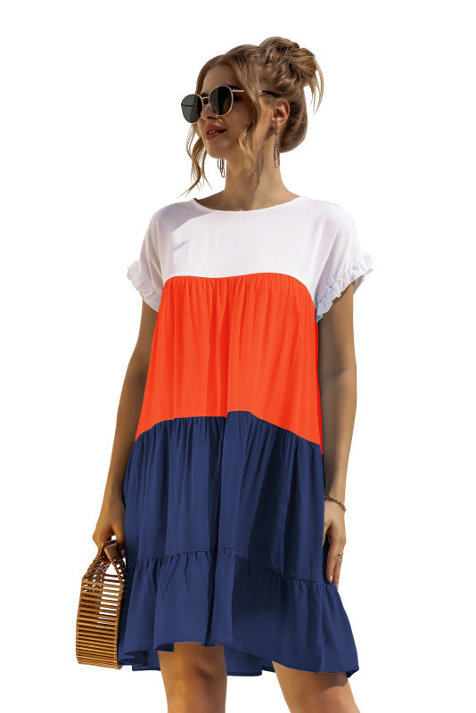 Women's Color Block Loose Short Sleeve Shirt Dress