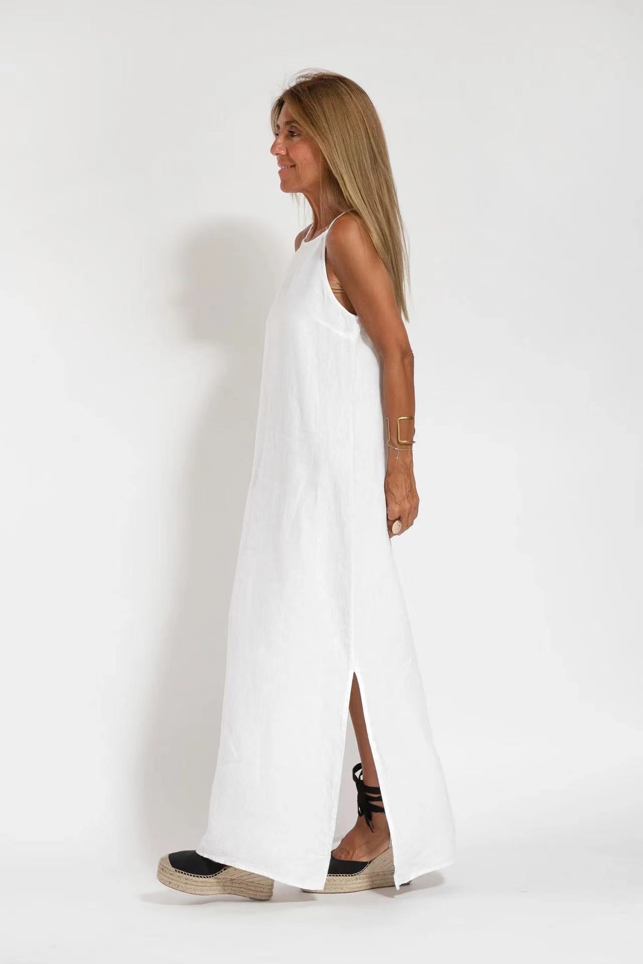 Fashion Cotton Linen Slit Sleeveless Loose Dress