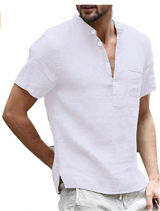Casual Linen Solid Color Shirt Button V Neck Shirt