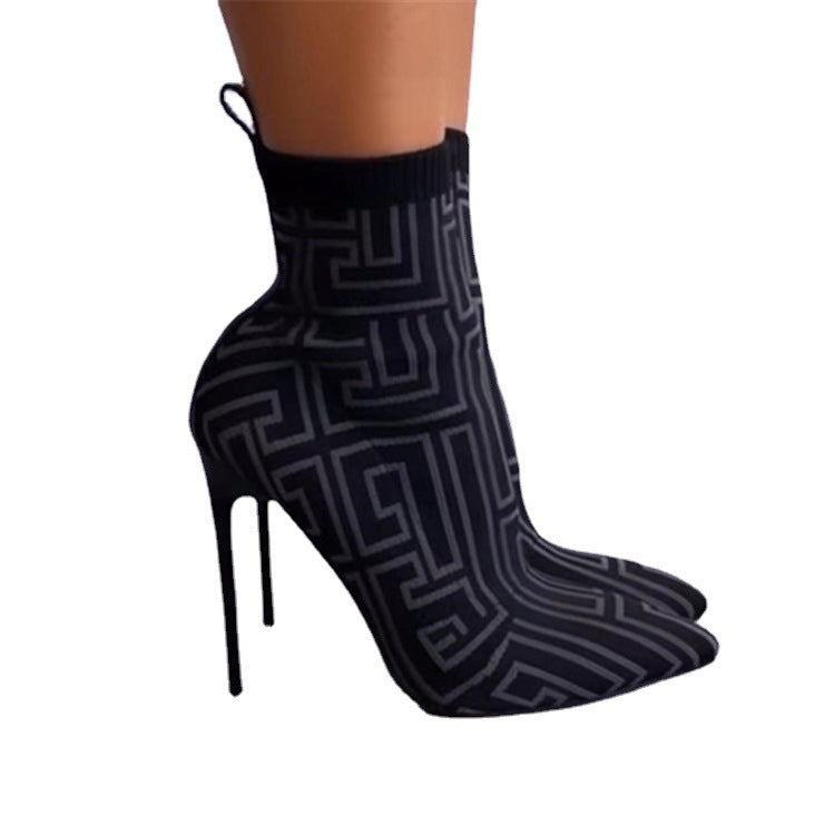 Fashion Ankle Women Thigh High Heel Pointed Toe Print Boots