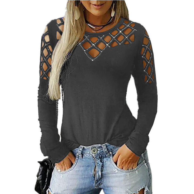 Hollow-out Rhinestone Long Sleeve Cold Shoulder Top