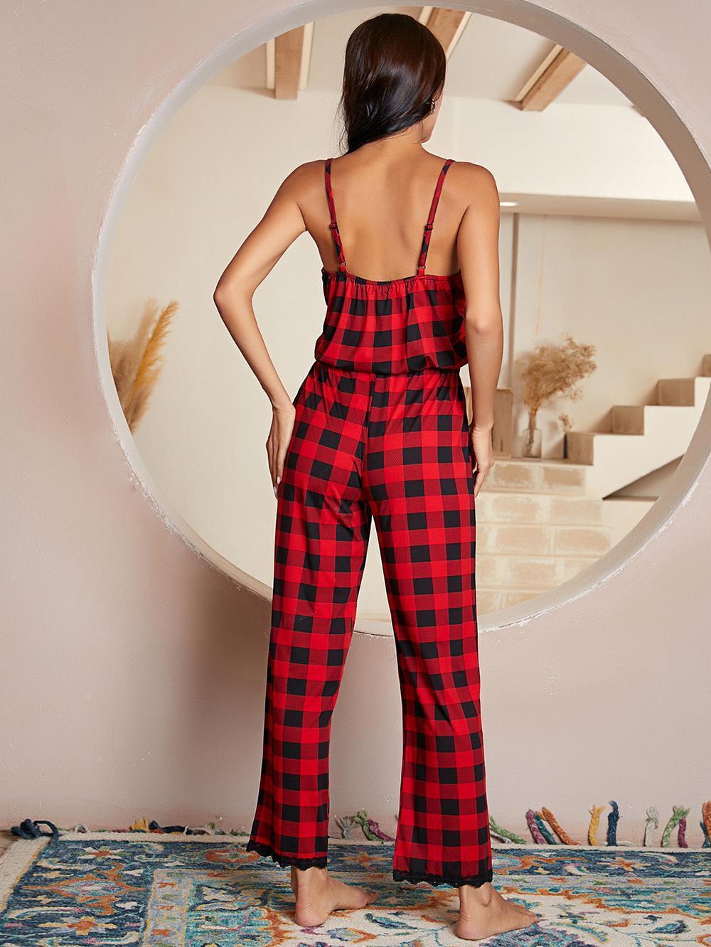 Plaid Lace Trim Spaghetti Strap Jumpsuit