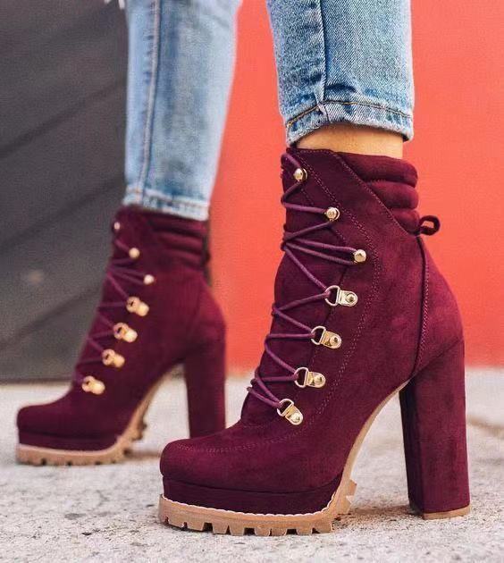 Chunky Platform Round Toe Lace UP Mid Calf High Heels Boots