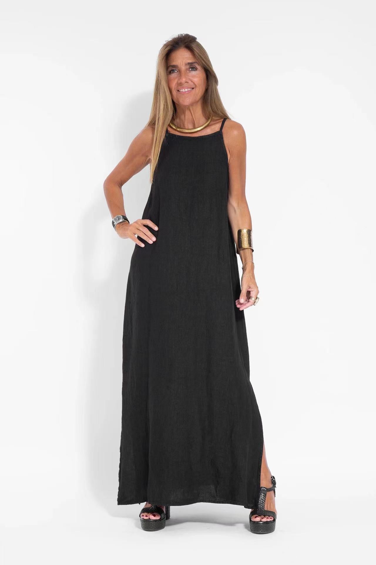Fashion Cotton Linen Slit Sleeveless Loose Dress