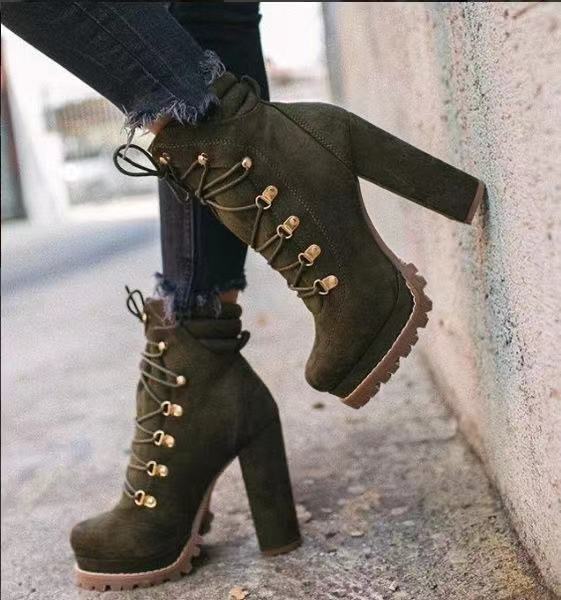 Chunky Platform Round Toe Lace UP Mid Calf High Heels Boots